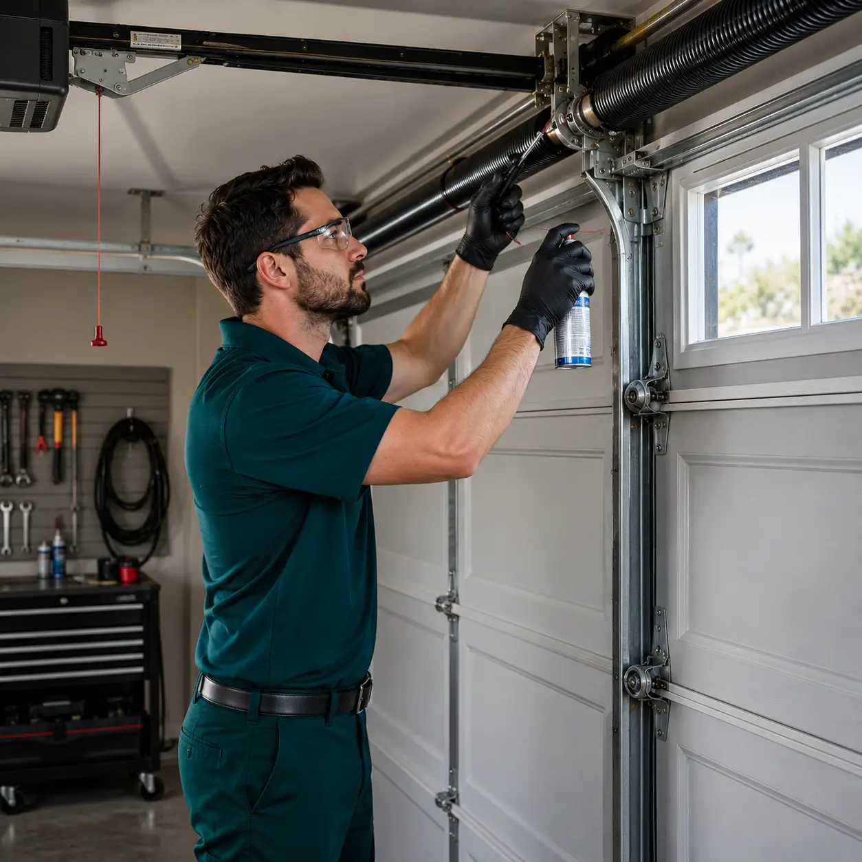 Garage door technician performing coastal maintenance inside garage