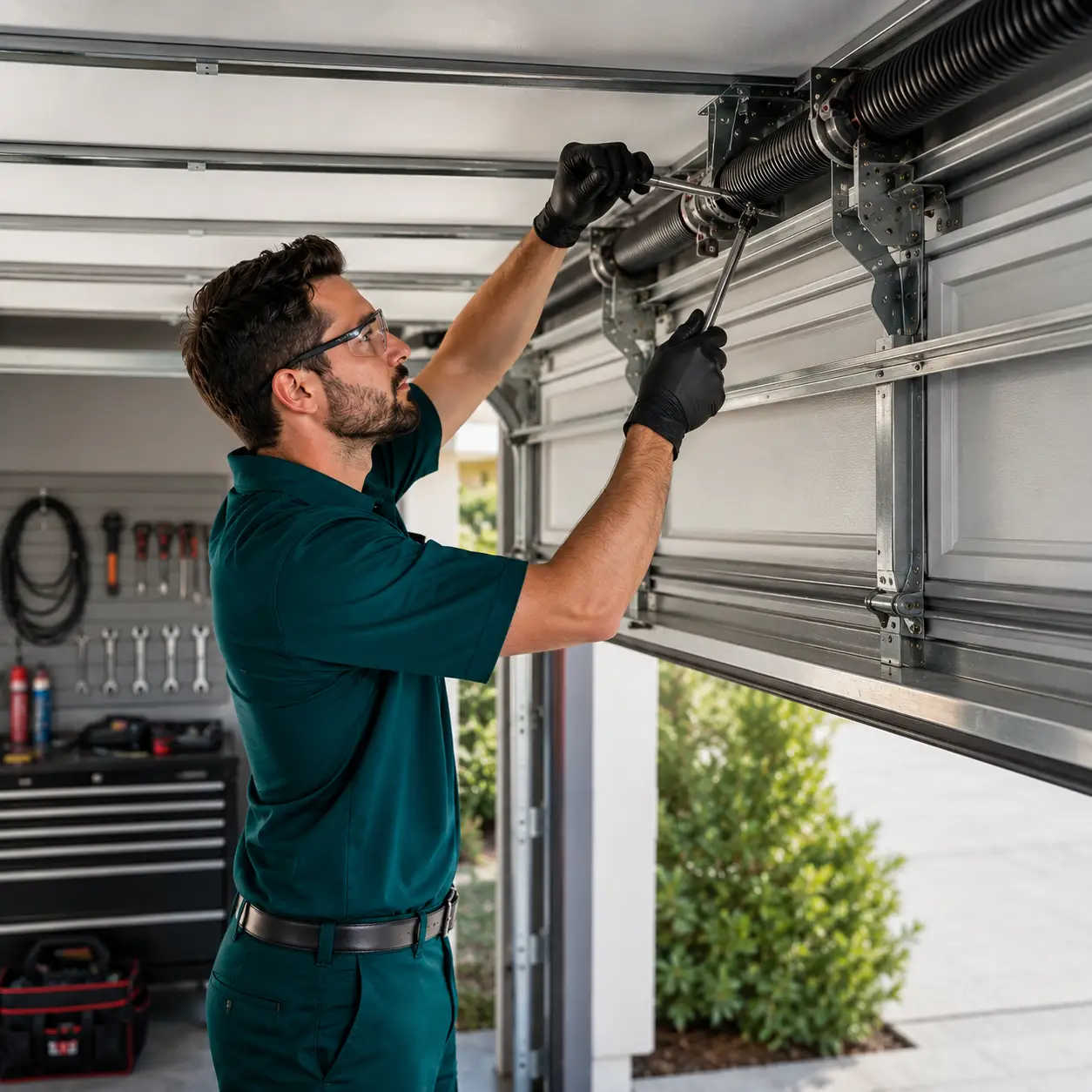 Technician adjusting garage door torsion springs inside garage